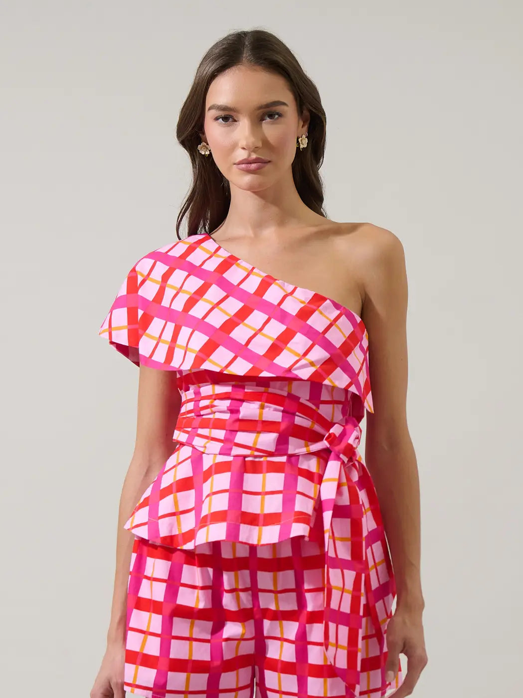 One Shoulder Checker Top