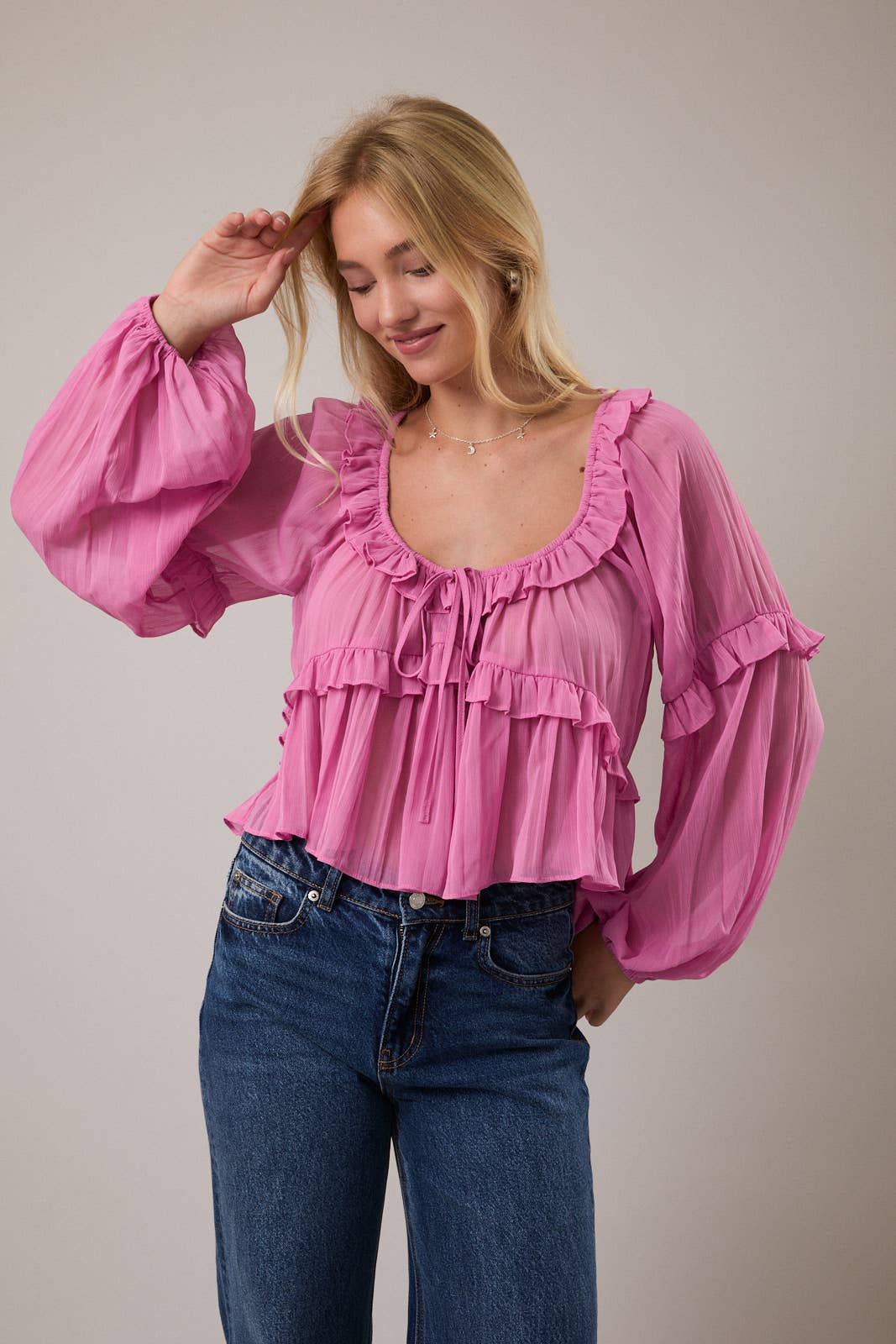 Scoop Neck Ruffle Blouse